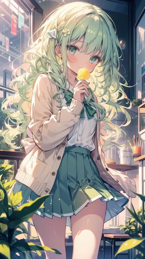 masterpiece, Best Quality,   Highly Detailed CG Unity 8K Wallpaper ,   High School Girl Animated Illustration  .  Wear a fluffy light brown knit ,  She is wearing a fluffy pleated skirt ., white shirtにGreen ribbon、 high school students、 The background is a...