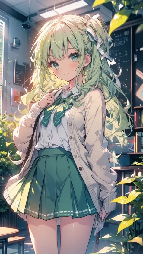 masterpiece, Best Quality,   Highly Detailed CG Unity 8K Wallpaper ,   High School Girl Animated Illustration  .  Wear a fluffy light brown knit ,  She is wearing a fluffy pleated skirt ., white shirtにGreen ribbon、 high school students、 The background is a...