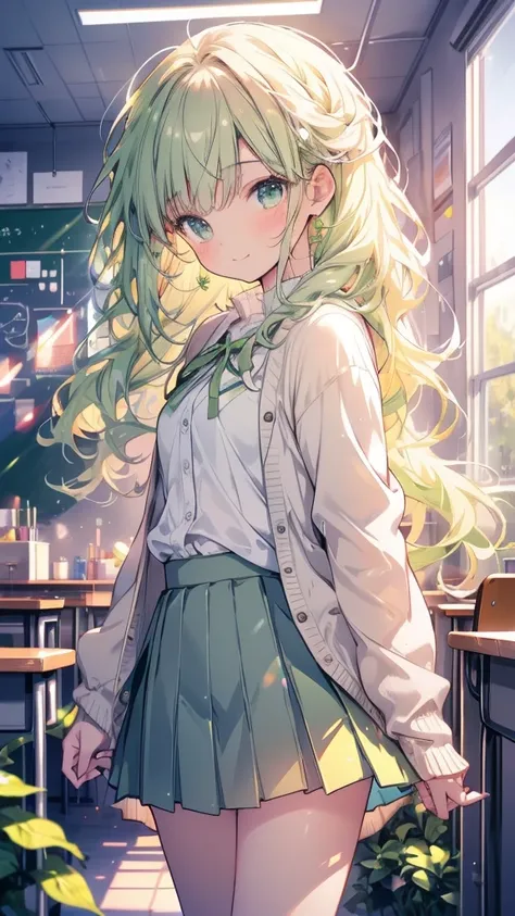 masterpiece, Best Quality,   Highly Detailed CG Unity 8K Wallpaper ,   High School Girl Animated Illustration  .  Wear a fluffy light brown knit ,  She is wearing a fluffy pleated skirt ., white shirtにGreen ribbon、 high school students、 The background is a...