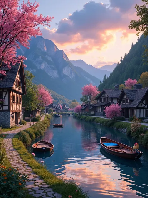  a small village by the river，Mountains in the background，Flowers in bloom，Bright colors， Detailed Scenery ，Beautiful natural landscape，Mood lighting，Scorching sunset，Warm colors，practical，practical摄影，Delicate leaves，Complex buildings， cobblestone streets ...