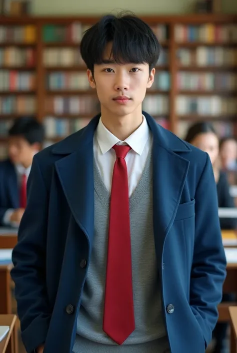 Best quality, hdr, 8k quality, A handsome asian teen with black hair, light pink lips tall height wearing white shirt in red tie with half sweater and outer is blue coat open in blue pant with black shoe school student and background is classroom