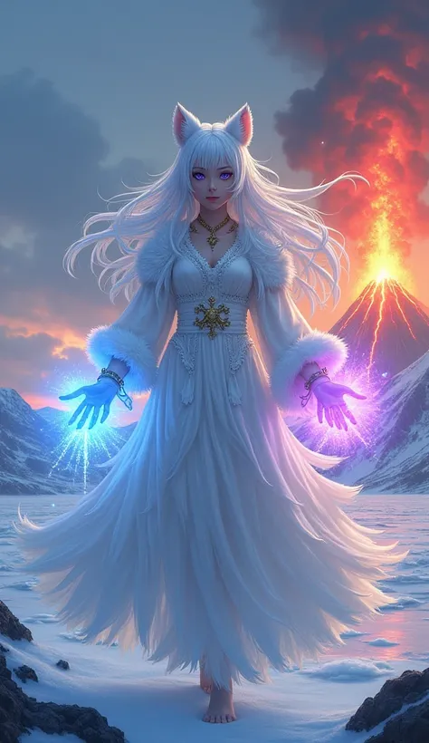 Full body, Solo, 1girl, Long Hair, Looking at viewer, Blue and violet eyes, High Resolution, full body, white hair, nine tails, High Resolution, Accurate, Award Winning, HD, High Quality, Masterpiece, Best Quality, Super Detailed, Grin, Heterochromia, Wide...