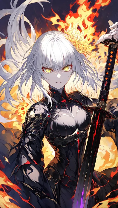 ((Fgo)) Silver Hair、Long Hair、(( Jeanne Alter))Yellow pupil、Black Armor、(Full Body)、With a sword 、Flame Effect、Flame Manipulation 、Best Quality、(Illustration 0 .8)、( Beautifully Detailed Eyes 1 .6)、 very detailed face 、 full light、 highly detailed CG 