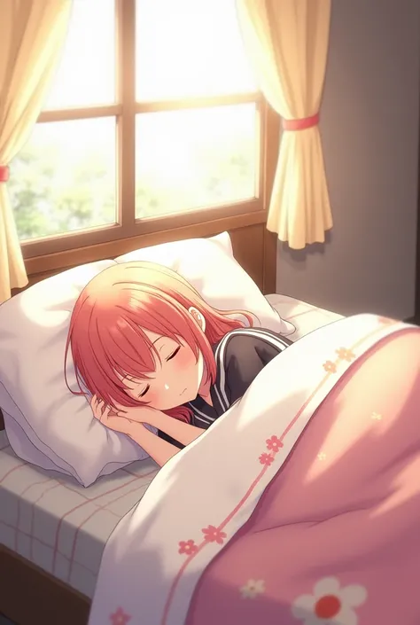 Anime girl with Japanese uniform is sleeping in bed at noon