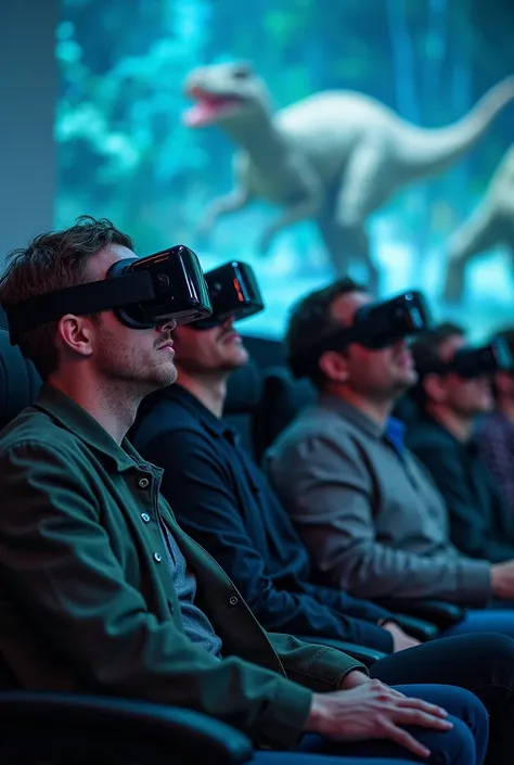 men watching VR Box With Dinosaur film