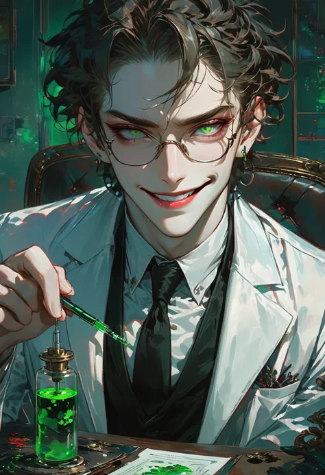 1 boy, glasses, sharp eyes, brown curly hair, green eyes, piercing gaze, sitting on chair, smiling, happy expression, white lab coat, black shirt, red tie, science lab, pale skin, high quality, masterpiece, best quality, slightly messy hair, elbows on tabl...