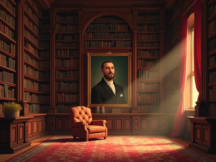  image for a cartoon story YouTube video in Pixar format. castle library:  A huge library with high bookshelves, filled with ancient books .  Old paintings hang on the walls ,  and in the center there is an armchair with soft light .  Attention to Selevans...