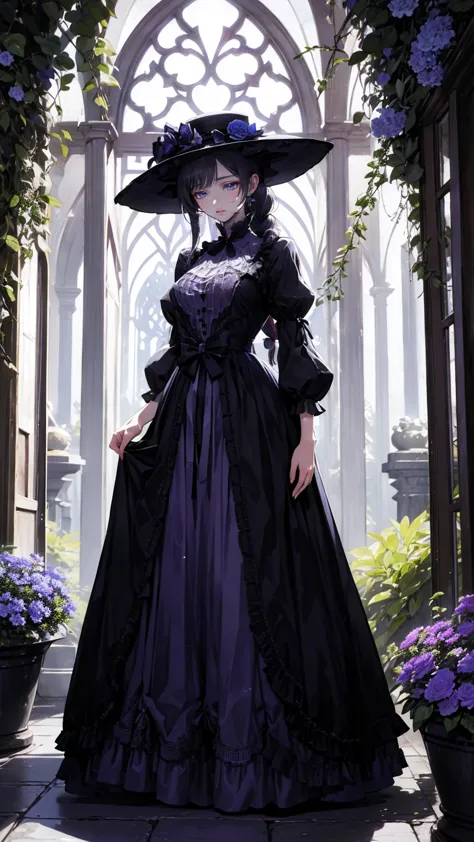 ネオゴススタイルの   girl, wearing a black dress and a white collar,  wearing a black hat  、 with heavy makeup ,   she's standing in an e...