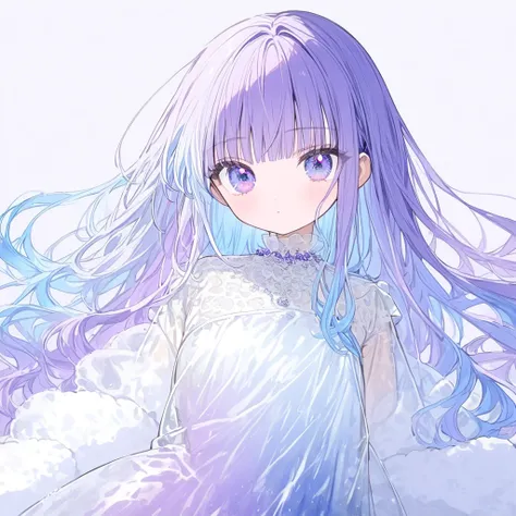 Transparent watercolor、 1 girl、Jewel Eyes、 (( blue hair 、 gradation hair 、 multi-colored hair 、Split bangs、Purple Hair )) 、  Fashionable Design Clothes  ((white)),Background is blue、小さなwhiteい花の髪飾り、 Transparent Dresses 、Fluffy Dress、Oversized Sleeves 、The s...