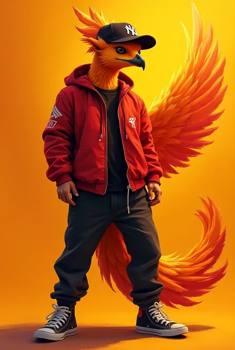 A phoenix with human like features dapping in a bright background wearing a zipped up red jacket and snapback worn back to front