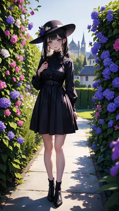 ネオゴススタイルの   girl, Wearing a black dress and a white collar,  Wearing a black hat  、 with heavy makeup ,   Shes standing in an enigmatic garden   、Surrounded by vines   .  dark purple flowers are in full bloom in the garden   .、Gothic architecture in the ba...