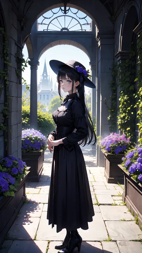 ネオゴススタイルの   girl, Wearing a black dress and a white collar,  Wearing a black hat  、 with heavy makeup ,   Shes standing in an enigmatic garden   、Surrounded by vines   .  dark purple flowers are in full bloom in the garden   .、Gothic architecture in the ba...