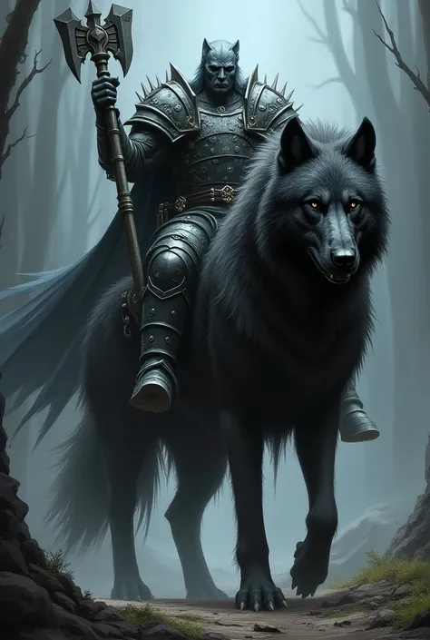 d&d paladin hexblade, dunkelelf, Male, large,  muscular, grimmig,  plate armor, War Hammer , reitet auf riesen dire Wulf