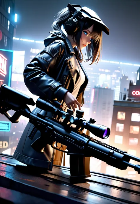 a cyberpunk female robot sniper in a dark trenchcoat and twin tails crouching on a rooftop at night, sniping with a highly detailed and realistic black rifle, intense dramatic lighting, physical-based rendering, professional-grade 3D rendering, HDR, UHD, u...