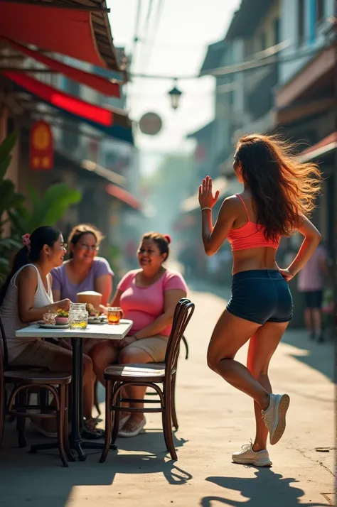 1 : ratio photo 1 Lat Yang Road has 2 feet. A long haired, bright looking Thai woman facing the camera is doing a workout on the right side street in Thailand. Four fat women are sitting on the dining table and looking at the women running for exercise wit...