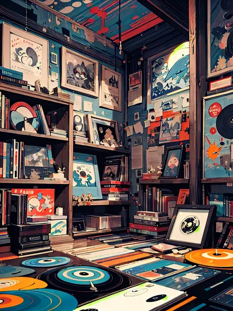  in the room,There is a bookshelf、 records are playing、There is a 、masterpiece,Best Quality, surreal,debauchery,Abstract,Doodle Art,