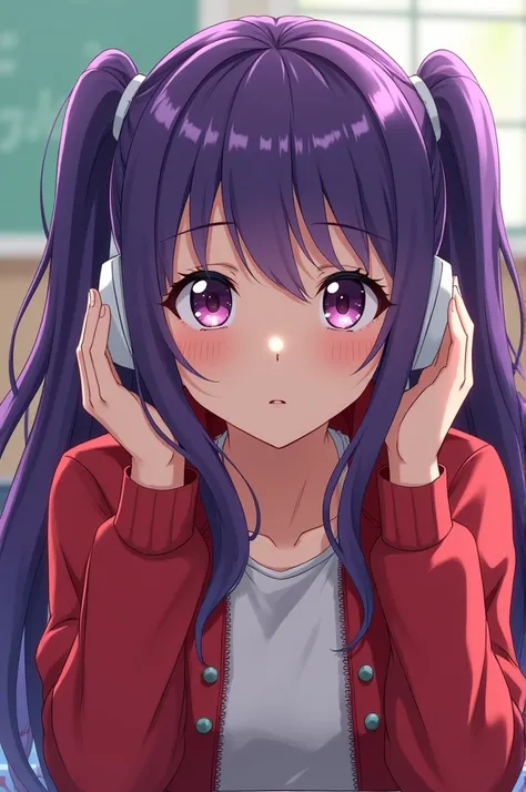 Make a girl the class chairman in a red jacket purple haired pigtails 1 length wearing medium white headphones staring intently