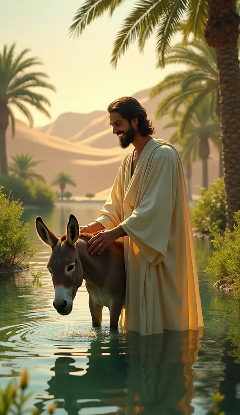 jesus in white smiles and bathes a skinny donkey in a small lake in a lush green oasis in the middle of the desert