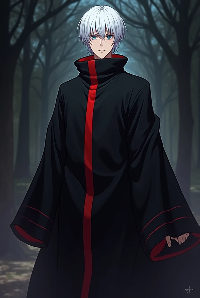 Make me an anime guy with short white hair who wears a black robe and has a red stripe on his robe, the length of his robe reaches his knees 