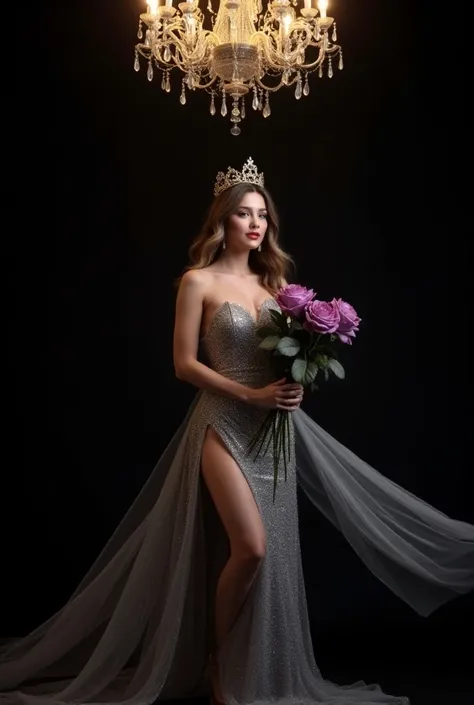  portrait of a 25 year old woman wearing a sparkling silver color dress costume.Long haired woman wears gold crown .She has large branched purple roses . her background is deep black and there is an acrylic crystal chandelier ornament . The composition is ...