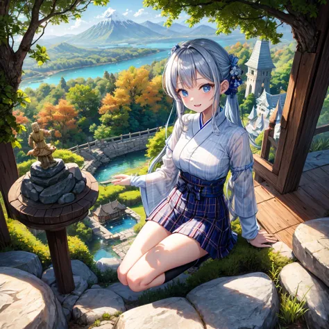 Chestnut Hair、 blue eyes、Hair tied up、Two cute、 plaid mini skirt 、 BLACK T-SHIRT、 Long Sleeve 、kimono、striped high socks、Teeth are visible、lawn、The stone is cracked、Uneven ground、The road is curved、View from above、Large autumn tree、Mountain々、 fence、isolate...