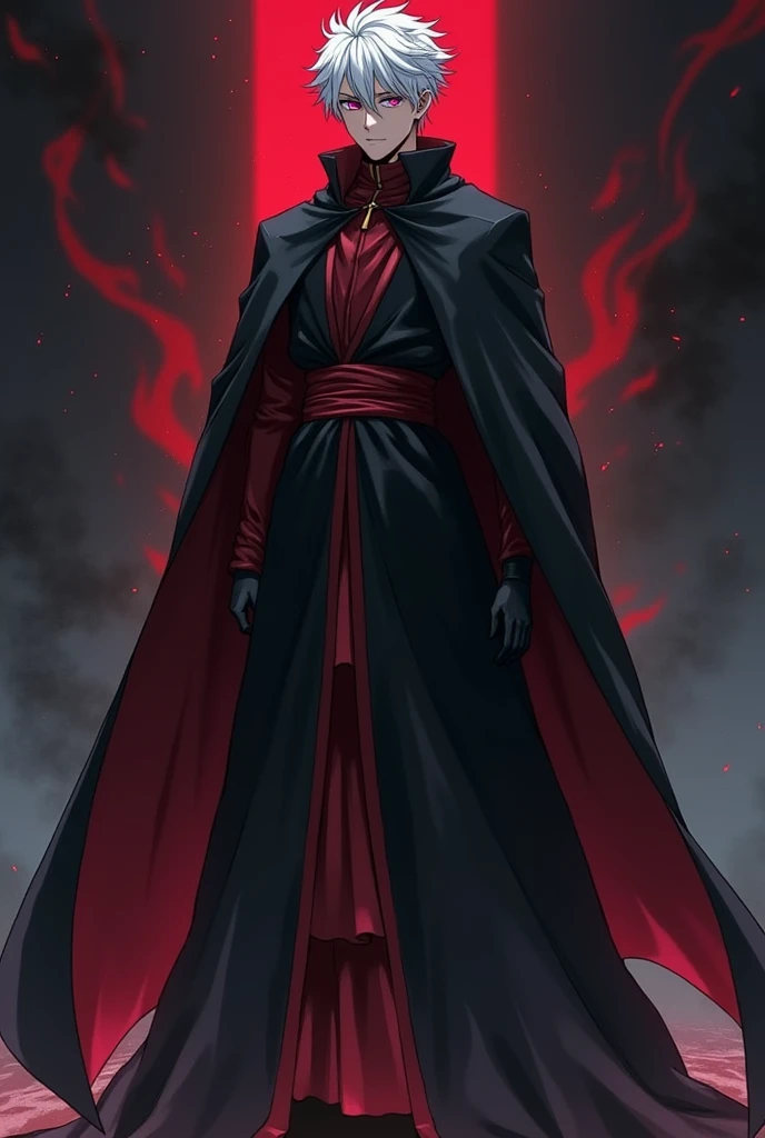 Make me an anime guy with short white hair who wears a black robe and has a red stripe on his robe, the length of his robe reaches his knees. Buat versi keren seperti campuran demon lord. Full body 