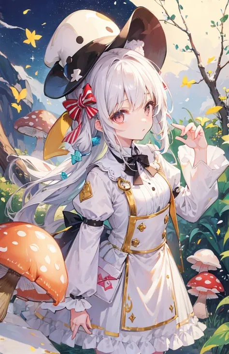 Charm mushroom，personification，Light soft color coat and hat，Sweet girl