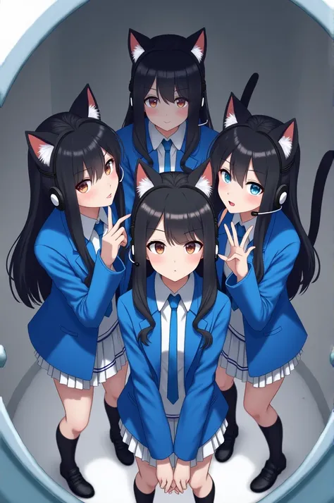 Make anime girls in black pigtails wearing blue jackets wear white headsets black shoes have tails and ears of cats staring intently