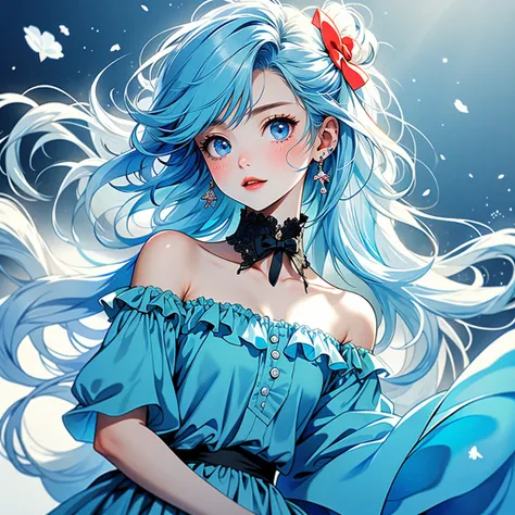  1 girl, Alone, ((( Best Composition 、Best Quality、 Supreme Masterpiece、Super detailed、 high definition)))、Cynamic,  gradation hair color、  blue eyes,  hair ring,  hair bow, (Kome Kome , Tie your ears, Sanrio, 1Other, biology:1.2),  off-shoulder ,  bare sh...