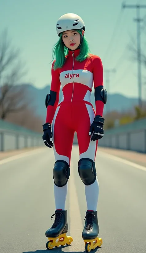 realistic image, beautiful girl from korea ((age s)), shoulder length hair bright green, wearing white in lane skate helmet, wearing in lane skate jersey and pants combination of red and white, printed writing on the chest "AiYRA" ((elbow and knee protecto...