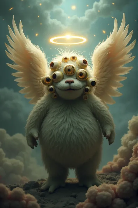 Muppet with 13 eyes and a halo and wings