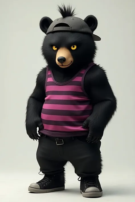 Black bear with mohawk, backwards gray flat cap, yellow eyes, lilac/dark magenta striped tank top, black pants and black sneakers 