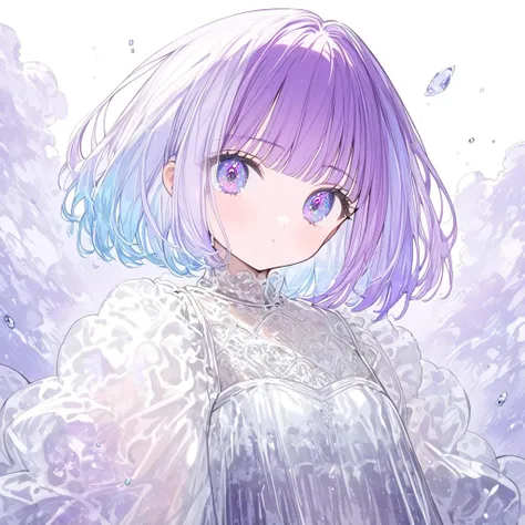 Transparent watercolor、 1 girl、Jewel Eyes、 blue hair  (( short hair、 gradation hair 、 multi-colored hair 、Split bangs、Purple Hair )) 、  Fashionable Design Clothes  ((white))、小さなwhiteい花の髪飾り、 Transparent Dresses 、Fluffy Dress、Oversized Sleeves 、The sleeve is...