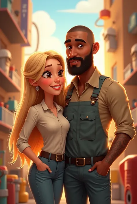  Straight haired couple in Pixar mode ,  brown-eyed blonde woman by auditing profession,  and male electrician technician  , Black brown skin , lumberjack style beard, shaved hair 