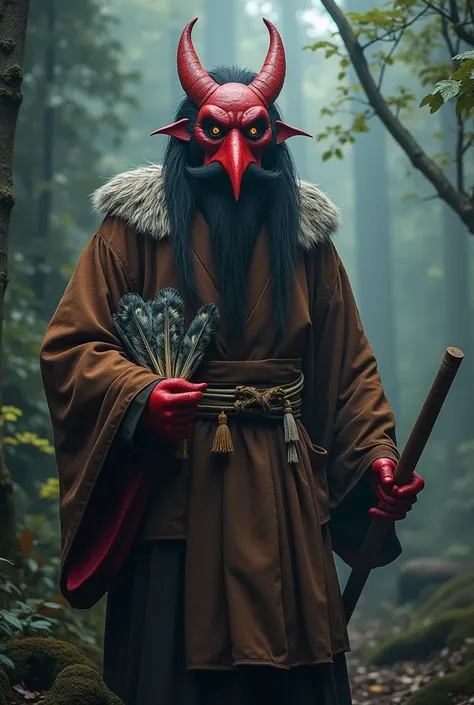 A realistic, photorealistic depiction of the Tengu from Mount Takao (Mount Takao Tengu) in a vertical 10:16 aspect ratio. This legendary Japanese creature is depicted as a powerful figure with a red face, long nose, and intense, wise eyes. It wears traditi...