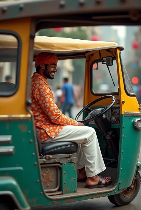 gererate a hyper realastic image if mr beast  wearing auto rikshaw  drivers dress and sit on a driving seat in auto and ask carry minati where do you wanna go?