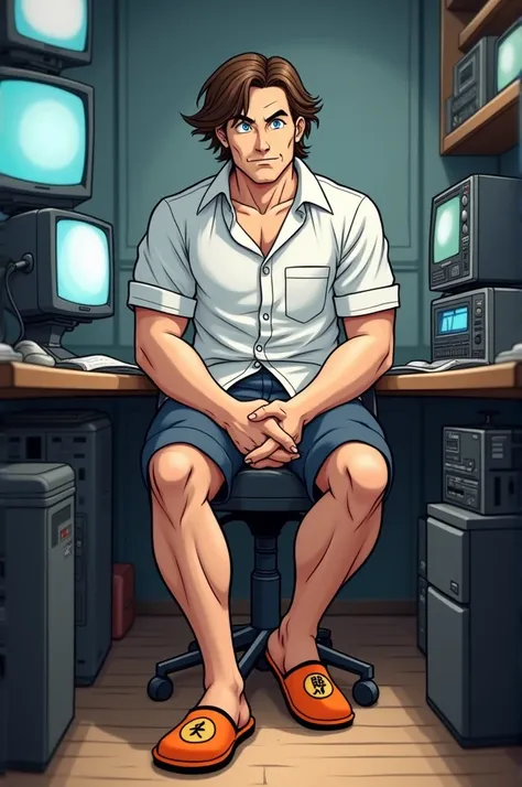 Take an unprepared photo of my dad, a 38-year-old thick-built man with blue eyes, medium-length brown hair, doing TV at work, wears a shirt up and shorts with orange Goku slippers 