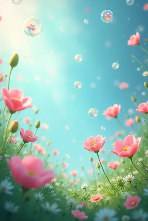 Pink blossoms, blue bubbles and green buttercups