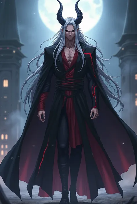 make me an anime male demon primordial demon god with long silver hair wearing a robe that only reaches his thighs, his robe is black with red lines
