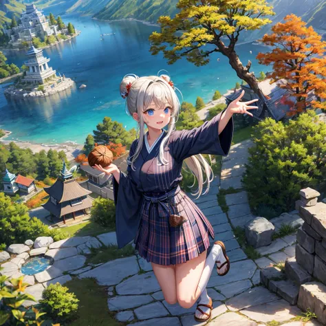 Chestnut Hair、 blue eyes、Hair tied up、Two cute、 plaid mini skirt 、 BLACK T-SHIRT、 Long Sleeve 、kimono、striped high socks、Teeth are visible、lawn、The stone is cracked、Uneven ground、The road is curved、View from above、Large autumn tree、Mountain々、 fence、isolate...