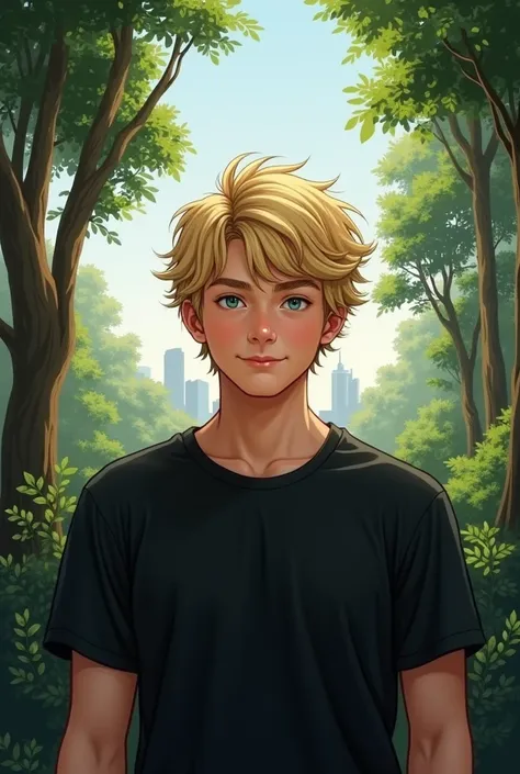 a blonde guy with black shirt, and trees and buildings in background 