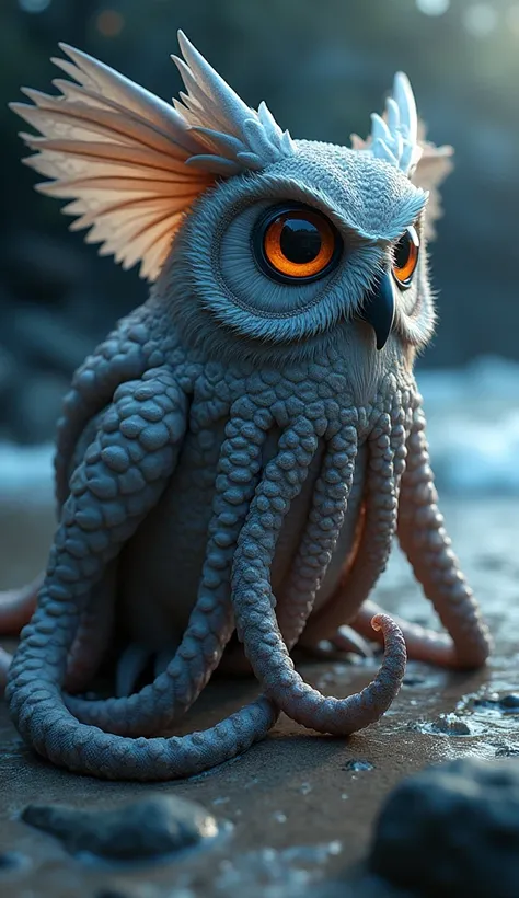 **Fusion Prompt:** "Imagine an owl-octopus hybrid with the large, intense eyes and feathered wings of an owl, complemented by the flexible, soft tentacles of an octopus. Set against a twilight backdrop with rocky shores, this creature blends nocturnal visi...