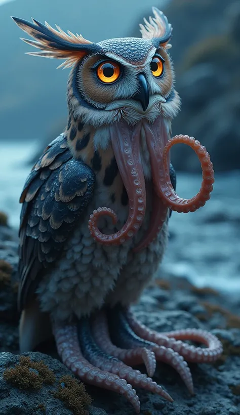 **Fusion Prompt:** "Imagine an owl-octopus hybrid with the large, intense eyes and feathered wings of an owl, complemented by the flexible, soft tentacles of an octopus. Set against a twilight backdrop with rocky shores, this creature blends nocturnal visi...