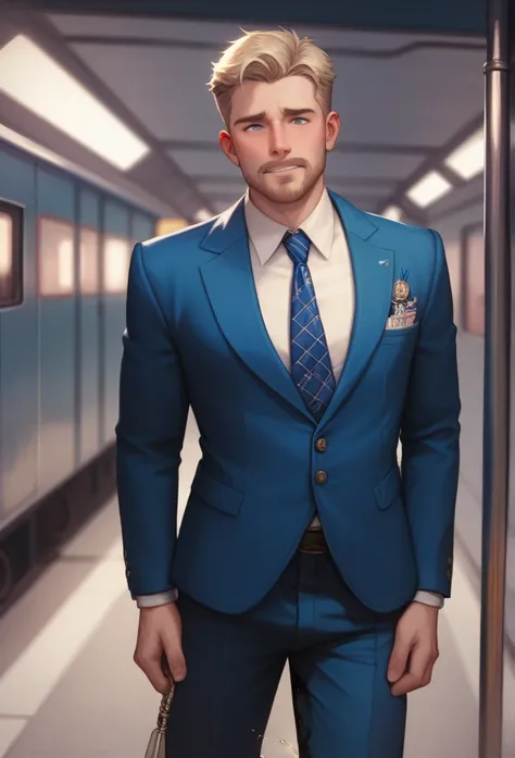 35 years old slender and mascular man, wearing blue suit. He is peeing himself in the train. He couldnt hold his pee. There is a large pee wet spot on his crotch. Pee stain on his pants. Pee wet spot on his crotch. He is ashamed of peeing himself. he is pe...