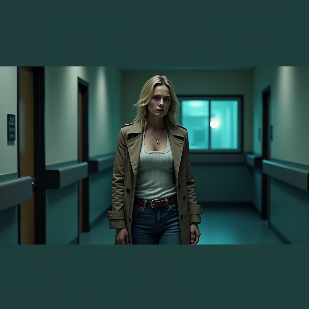 Ultra HD ，Very realistic，Very detailed details， A woman grew up like a movie star Kate Winslet，Wearing a brown-colored trench coat, ribbed tank top, belt，jeans，Dark Night， The dim lighting in the hospital hallway ，She stood in front of the windo ， There is...