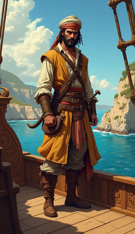 A detailed illustration of a Mediterranean pirate from the early modern period, with influences from the Barbary Coast. The pirate is dressed in traditional Mediterranean attire, including a turban or headscarf, long flowing robes, and a leather belt with ...