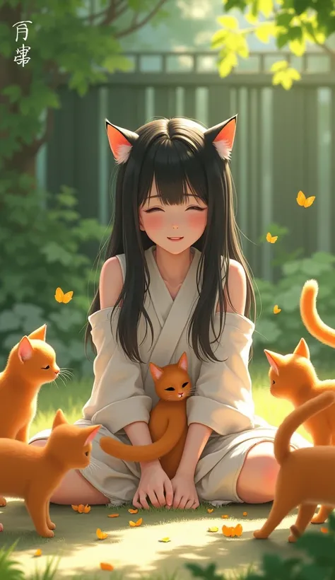 Japanese woman playing with some orange cats on her side 、Cat ears
