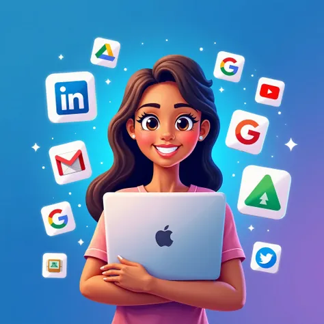 A stunning, ultra-high-resolution illustration of a marketer posing in front of a vibrant, gradient-blue background, proudly holding a laptop with the "Apple" logo emblazoned on the screen, created from a combination of sleek vectors and realistic textures...