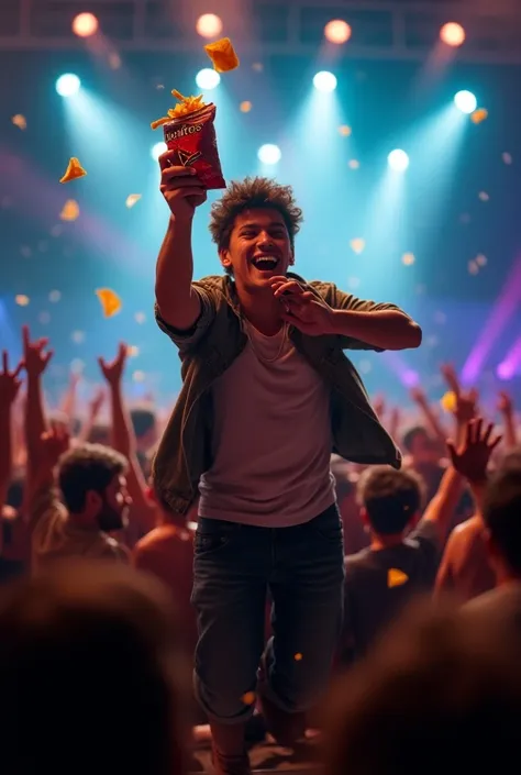 Teenage man with a doritos snack and rocking out at a concert
