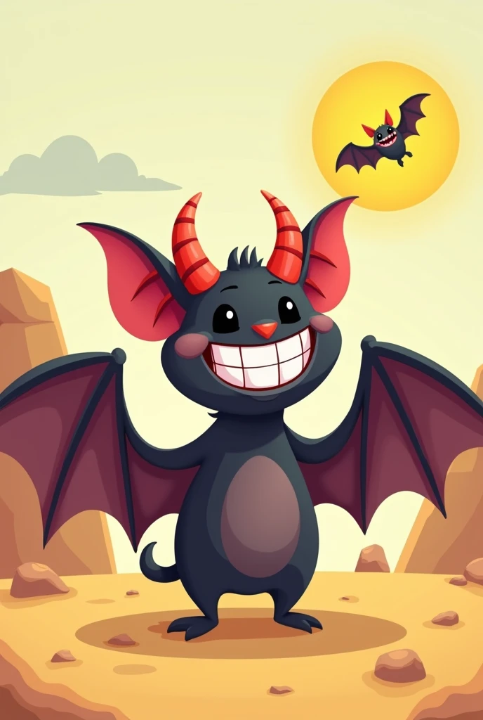 The image is a cartoon illustration of a bat with a big smile on its face. The bat is standing on its hind legs with its wings spread wide open, as if it is about to take flight. Its body is black and its wings are spread out behind it. It has two large re...